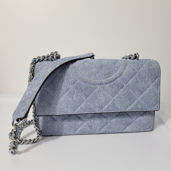 Tory Burch Fleming Denim Print Suede Small Convertible Shoulder Bag - Picture 12 of 15